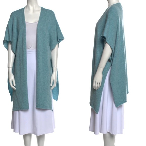 Eskandar Open Front Tabard Sweater Knit Cardigan Wrap Shawl OS Blue Cotton - Picture 9 of 9